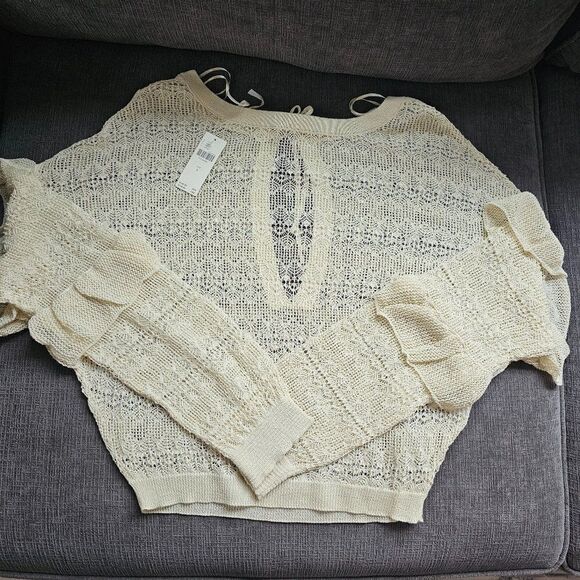 Anthropologie Women's Cream Sheer Open-Stitch Ruffle Pullover Sweater Size Small - Picture 3 of 10